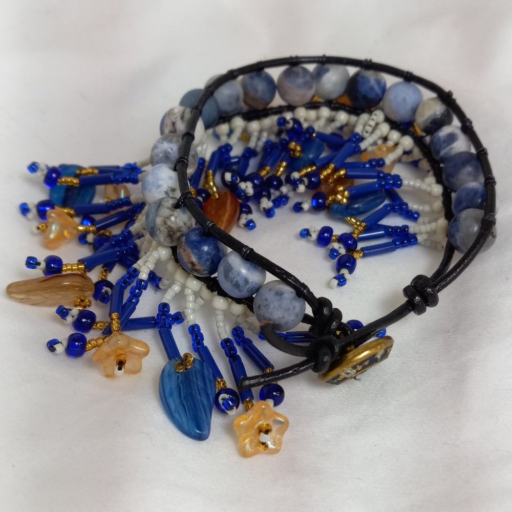 Woven Bracelet with Sodalite, Flowers, Fringe and Leaves, Antique German Button